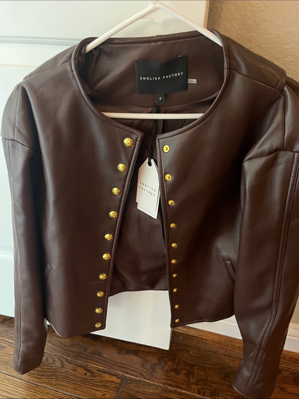 English Factory Dark Oxblood Faux Leather Collarless Military Button Jacket